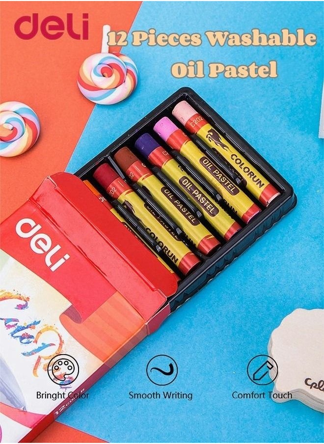 Deli - 12 Pieces Washable Oil Pastel Set Non-Toxic Crayons Round Barrel Drawing Supplies for Toddler Children Kids Multicolour - Image 1