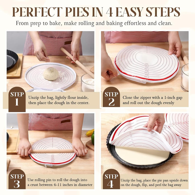 Enhon 2 Pack Pie Crust Bags for Rolling Out with 4"-11" Size Marks, Non Stick Pie Crust Dough Bag with Zipper, Food Grade Silicone Dough Rolling Bag for Making Pizza, Dishwasher Safe(Red) - Image 4