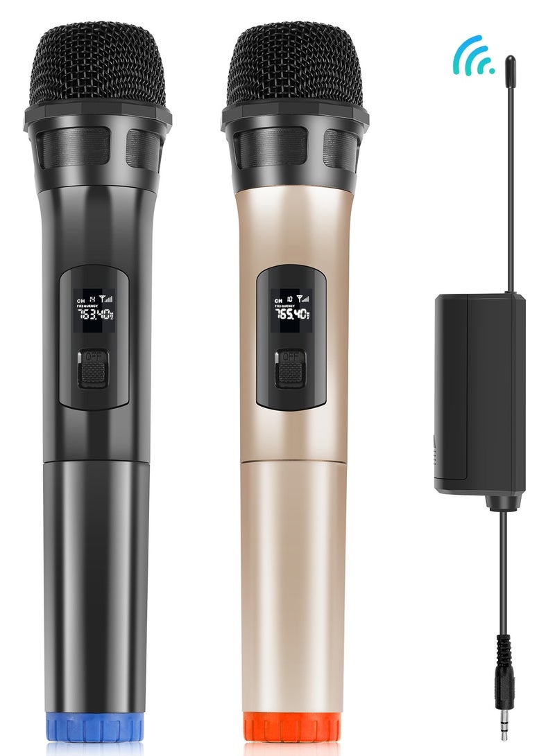 بولوز قطعتان من الميكروفون اللاسلكي، ميكروفون UHF، ميكروفون يدوي ديناميكي لاسلكي للكاراوكي والغناء، وحفلات الزفاف، والدي جي، والحفلات، والخطب، والاستخدام في الفصول الدراسية، ونظام الصوت PA، بمدى 98 قدم، باللونين الأسود والذهبي. - Image 1