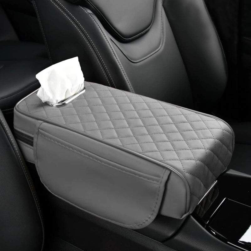 Wogomz Car Center Console Cover 13709295 Leather Car Armrest Cover with Pockets Tissue Box Comfortable Auto Armrest Cushion Universal Arm Rest Protector for Car SUV Truck Gray - Image 3