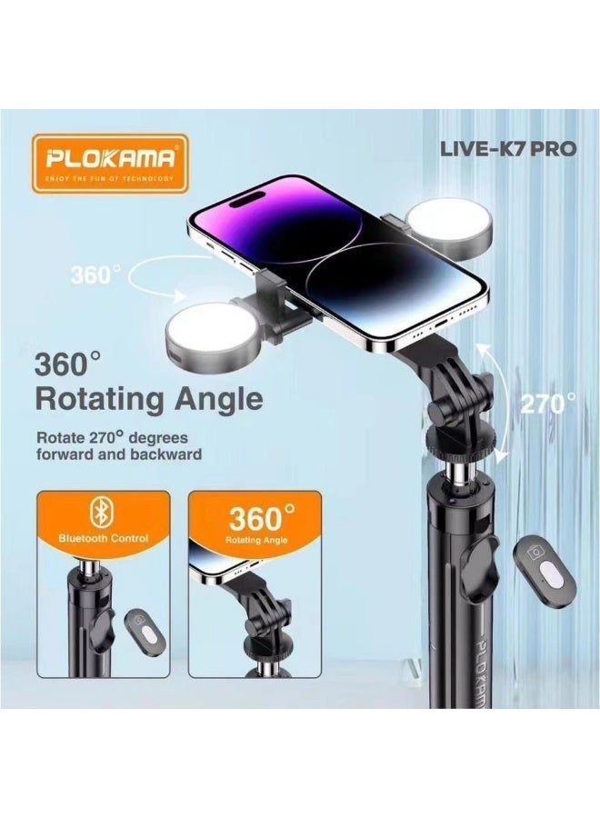 التخطيط حامل ثلاثي مرن من Plokama Live K7 Pro مقاس 110 سم وعصا سيلفي مع إضاءة LED مزدوجة لمنشئي المحتوى - Image 3