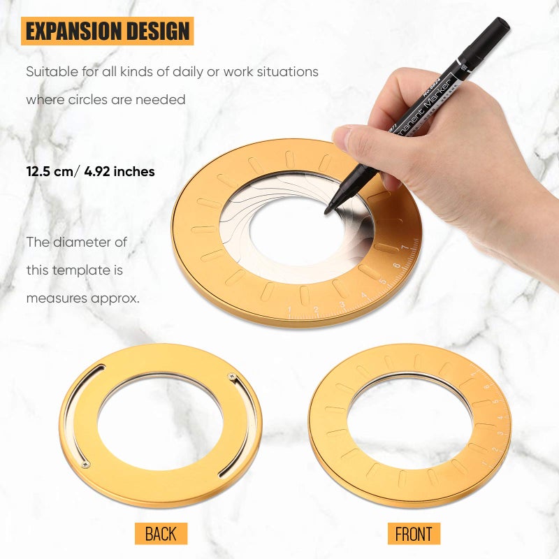 Zonon Circle Drawing Maker Stainless Steel Adjustable Round Circle Template Tool Ring Making Tool with Black Flannelette Bag for Drafting, 125 mm(Yellow) - Image 2