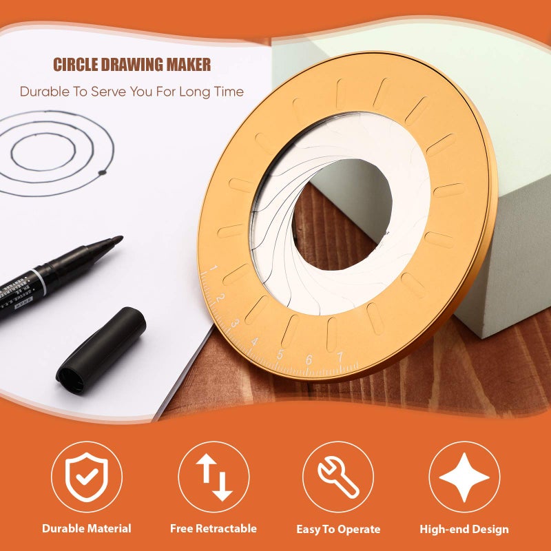 Zonon Circle Drawing Maker Stainless Steel Adjustable Round Circle Template Tool Ring Making Tool with Black Flannelette Bag for Drafting, 125 mm(Yellow) - Image 4