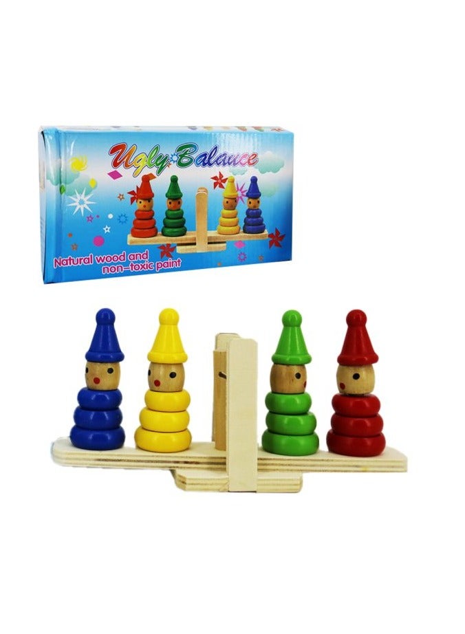 Clown Balance Game (Multicolor) - Wooden Clown Balance Game Set for Kids - Clown Game with 4 Ring Towers - Educational Wooden Balance Game with Colorful Cone Rings - Clown Balance Game for Baby - Wooden Seesaw Game for Kids - Birthday Gift Toys for Girls and Boys - Sensory Development Toys - Montessori Toys - Nursery Toys  - Image 1