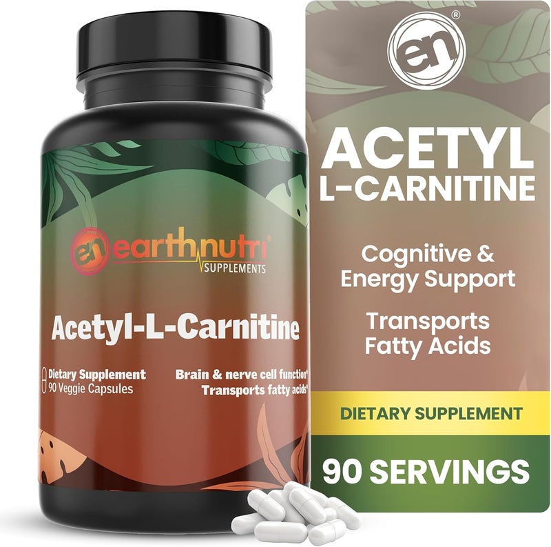 EarthNutri AcetylLCarnitine Capsule  Additive Free Gluten Free No Fillers No Preservatives  Acetyl LCarnitine Supplement for Cognitive Support  Energy  500mg Per Serving Unflavored 90 Count - Image 1