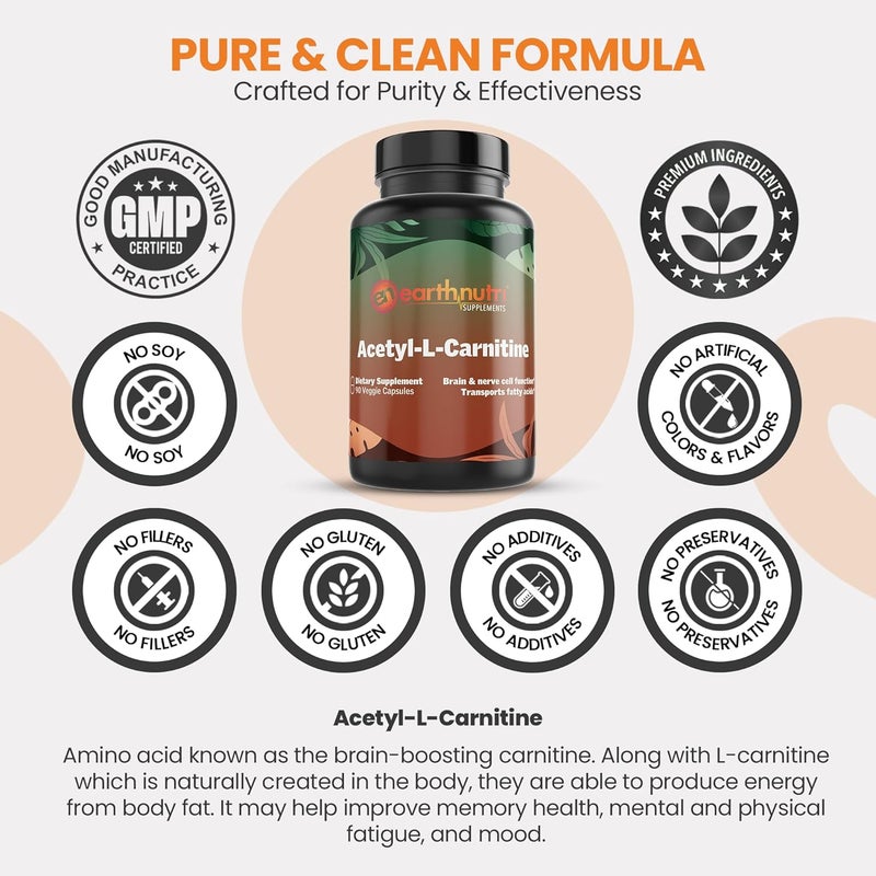 EarthNutri AcetylLCarnitine Capsule  Additive Free Gluten Free No Fillers No Preservatives  Acetyl LCarnitine Supplement for Cognitive Support  Energy  500mg Per Serving Unflavored 90 Count - Image 3
