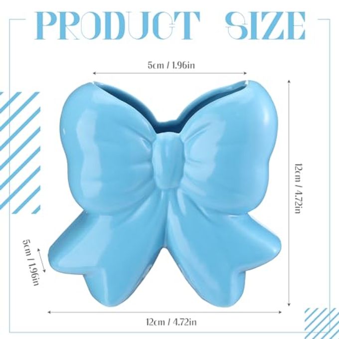 Jingmore Bow Vase Coquette Ceramic Vase Pen Holder Makeup Brush Holder Contemporary Design Decorative Women Gift for Christmas Home Office Shelf Table Room(Blue,Small,Classic) - Image 3