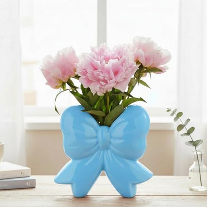 Jingmore Bow Vase Coquette Ceramic Vase Pen Holder Makeup Brush Holder Contemporary Design Decorative Women Gift for Christmas Home Office Shelf Table Room(Blue,Small,Classic) - Image 1