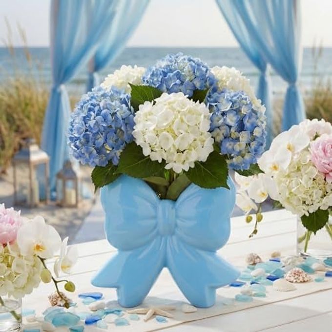 Jingmore Bow Vase Coquette Ceramic Vase Pen Holder Makeup Brush Holder Contemporary Design Decorative Women Gift for Christmas Home Office Shelf Table Room(Blue,Small,Classic) - Image 2