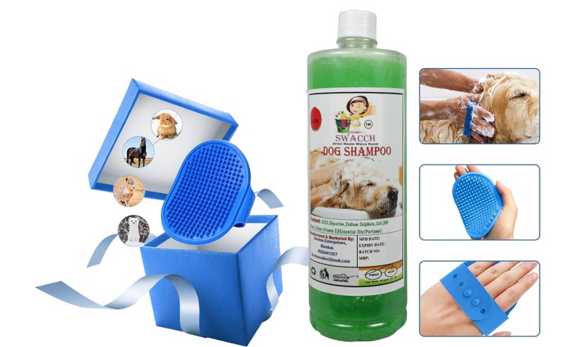 swacch Shampoo | Puppy Safe Shampoo | PH Balanced | Dog Shampoo 1 Litre Neem Alovera + | Rubber Bath Brush with Adjustable Straps | Pet Massage | Soothing Bristles Hand Brush I Combo Pack - Image 2