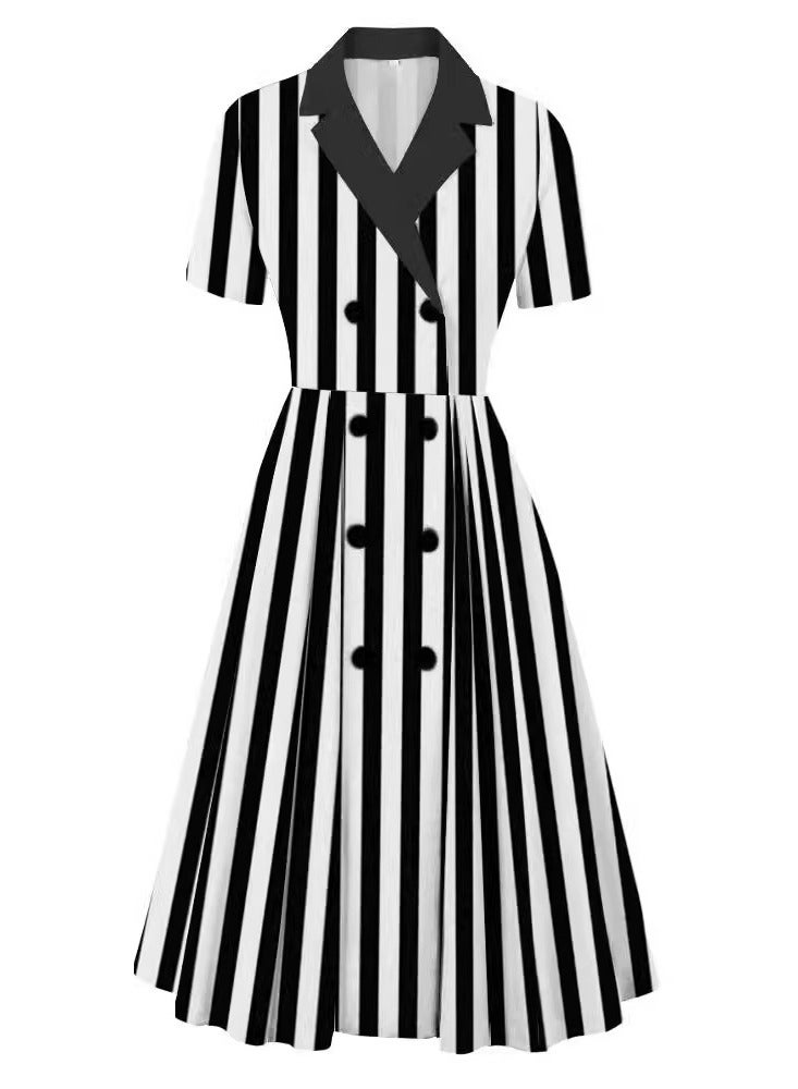 Elegant Button Detail Dress  stripes Work  Casual Dress Cocktail Swing Dress  - Image 1