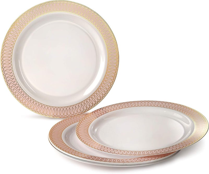 OCCASIONS FINEST PLASTIC TABLEWARE " OCCASIONS " 50 Plates Pack (25 Guests)-Wedding Party Disposable Plastic Plate Set -25 x 10'' Dinner + 25 x 7.5'' Salad/Dessert plates (Venice in White/Blush/Peach & Gold) - Image 2