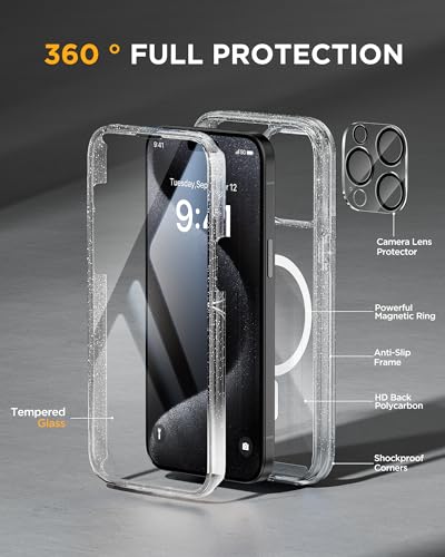 Miracase Magnetic for iPhone 15 Pro Max Case 6.7'' [Compatible with Magsafe] Full-Body Drop Proof Phone Case for iPhone 15 Pro Max with Built-in 9H Tempered Glass Screen Protector,Clear Glitter - Image 2