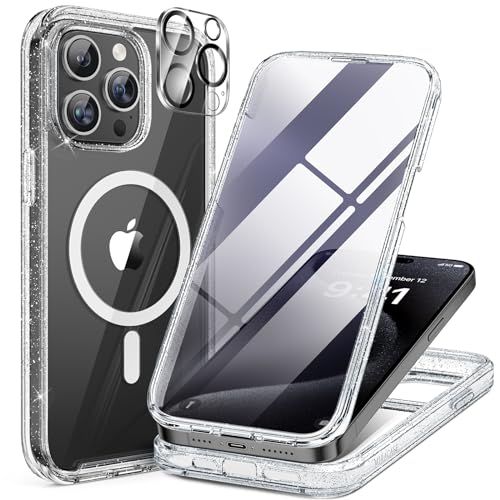 Miracase Magnetic for iPhone 15 Pro Max Case 6.7'' [Compatible with Magsafe] Full-Body Drop Proof Phone Case for iPhone 15 Pro Max with Built-in 9H Tempered Glass Screen Protector,Clear Glitter - Image 1