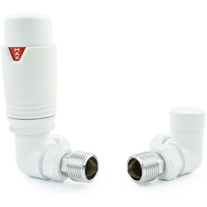 ALL-WHITE ESTUARY CORNER TRV THERMOSTATIC RADIATOR VALVE (PAIR) INCLUDES CORNER TRV BODY, WHEEL HEAD & LOCK SHIELD FOR QUICK & EASY TEMPERATURE CONTROL. PERFECT FOR ENERGY SAVING. - Image 2