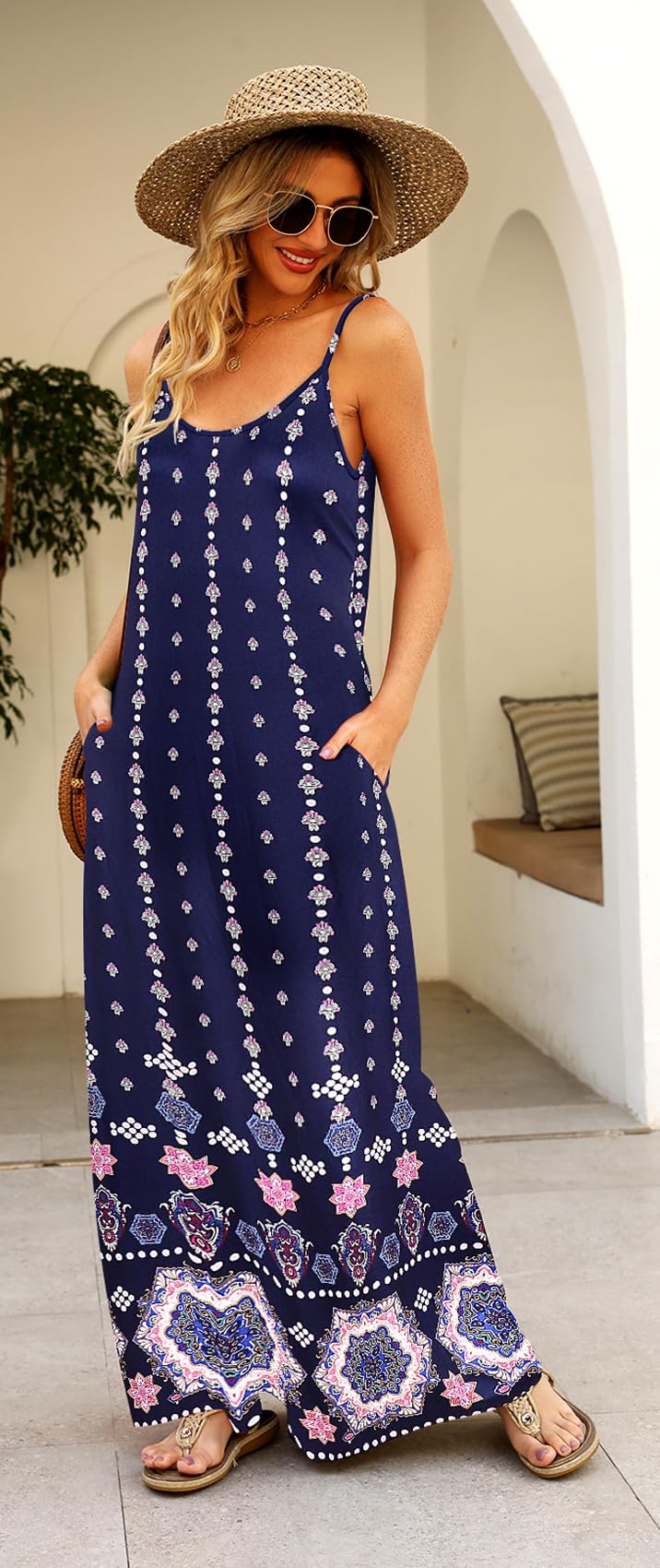 Supnier Women Maxi Long Dress Summer Flowy Boho Dresses Spaghetti Strap Floral Long Maxi Dress with Pockets(L,Navy Blue Floral) - Image 3