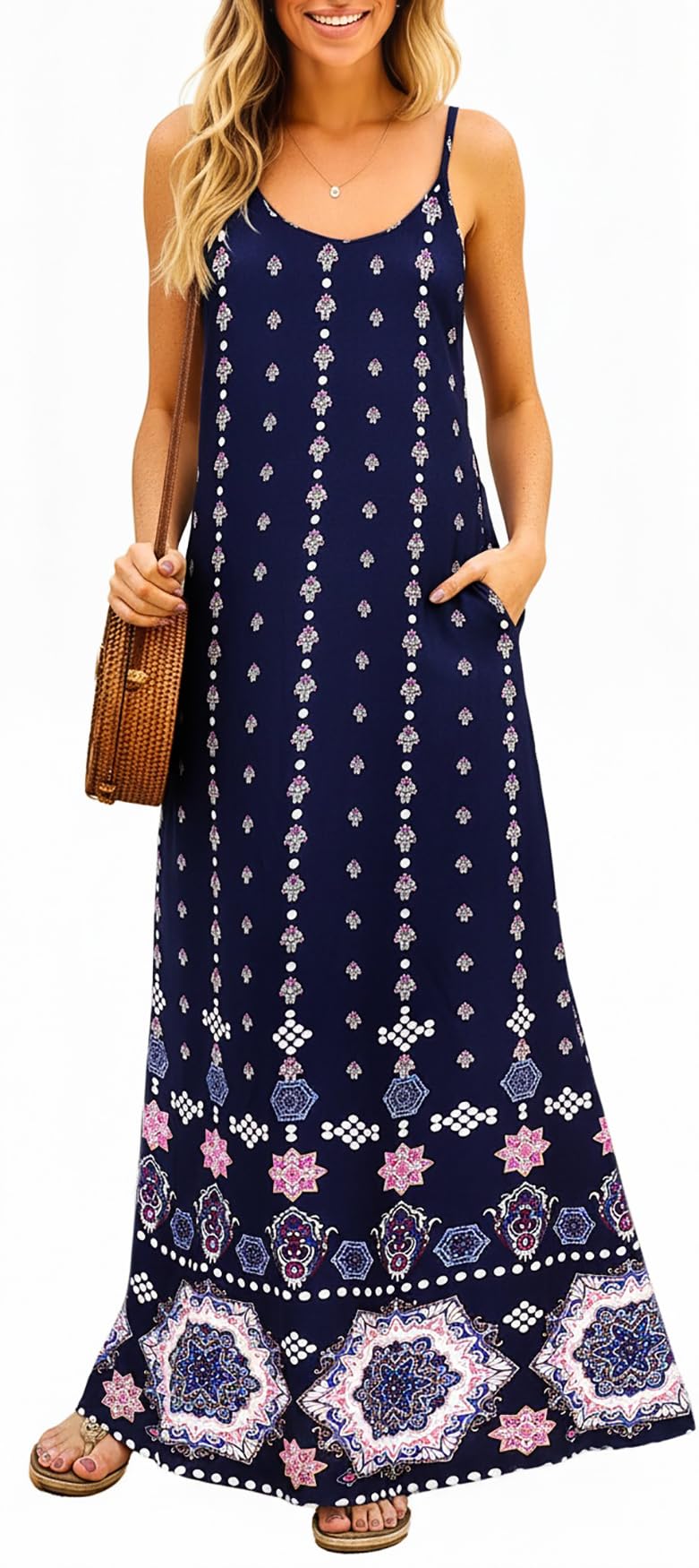 Supnier Women Maxi Long Dress Summer Flowy Boho Dresses Spaghetti Strap Floral Long Maxi Dress with Pockets(L,Navy Blue Floral) - Image 1