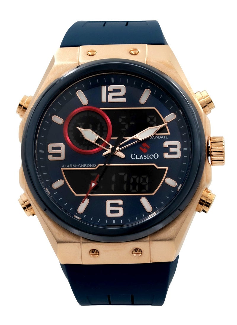 DuoFlex Analog + Digital Watch – Blue & Gold Edition with Premium Silicon Strap – Elite Y121 Calibre Movement – Waterproof Design