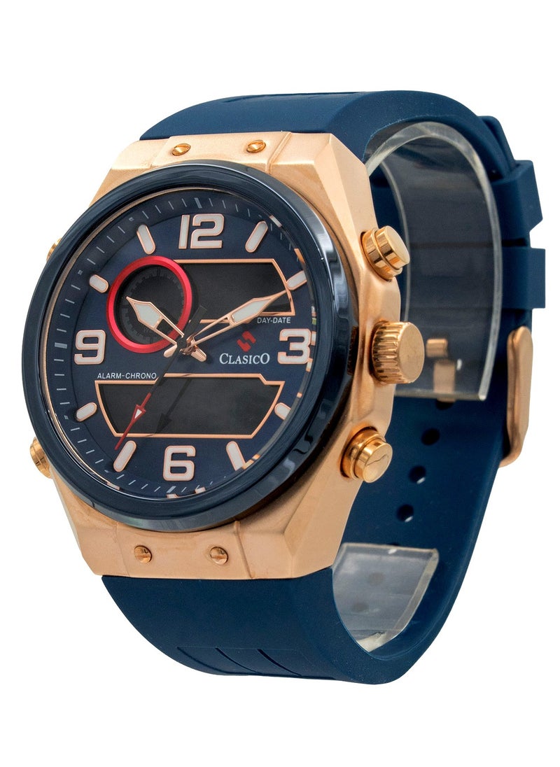DuoFlex Analog + Digital Watch – Blue & Gold Edition with Premium Silicon Strap – Elite Y121 Calibre Movement – Waterproof Design