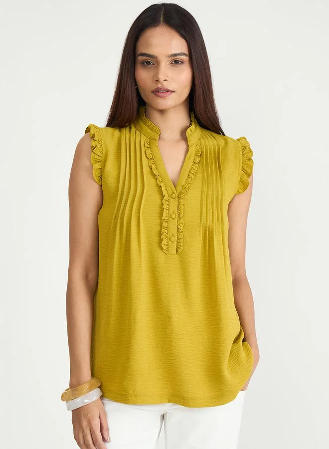 Femmella Mustard Sleeveless Pintuck Blouse