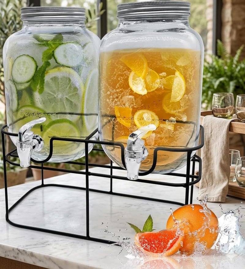 LVOOK Twins Black Stand Beverage Dispenser – Dual 3L Transparent Jars for Ice Tea, Water, Juice, Mocktail & Beer – White Base - Image 4