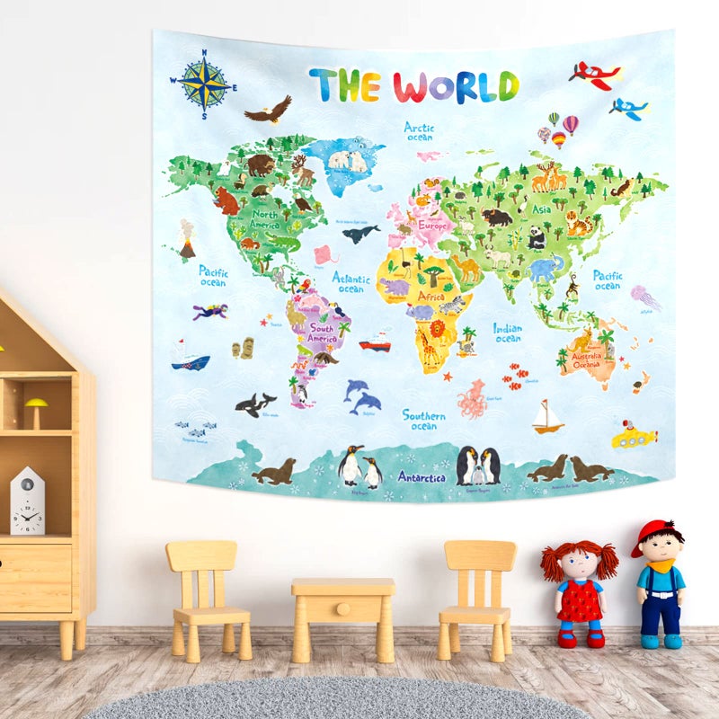 BASHOM DECOWALL TP001 Animal World Map Tapestry Poster for Kids Educational learning Wall Hanging for Bedroom Living Room Nursery Dorm Home Decor 60x50150x130cm