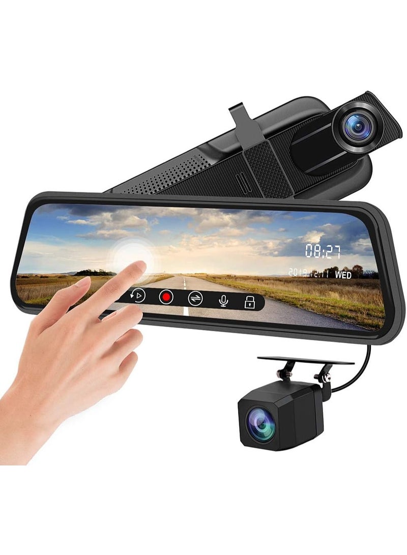 بلو فاير كاميرا مرآة الرؤية الخلفية بشاشة لمس ذكية مقاس 9.66 بوصة | كاميرات مزدوجة أمامية وخلفية بدقة 1080بيكسل مع الرؤية الليلية | مراقبة الانتظار لمدة 24 ساعة، مستشعار الصدمات، التسجيل الدائري وكاميرا الرؤية الخلفية المقاومة للماء مع خطوط المساعدة لأقصى درجات الأمان في القيادة - Image 1