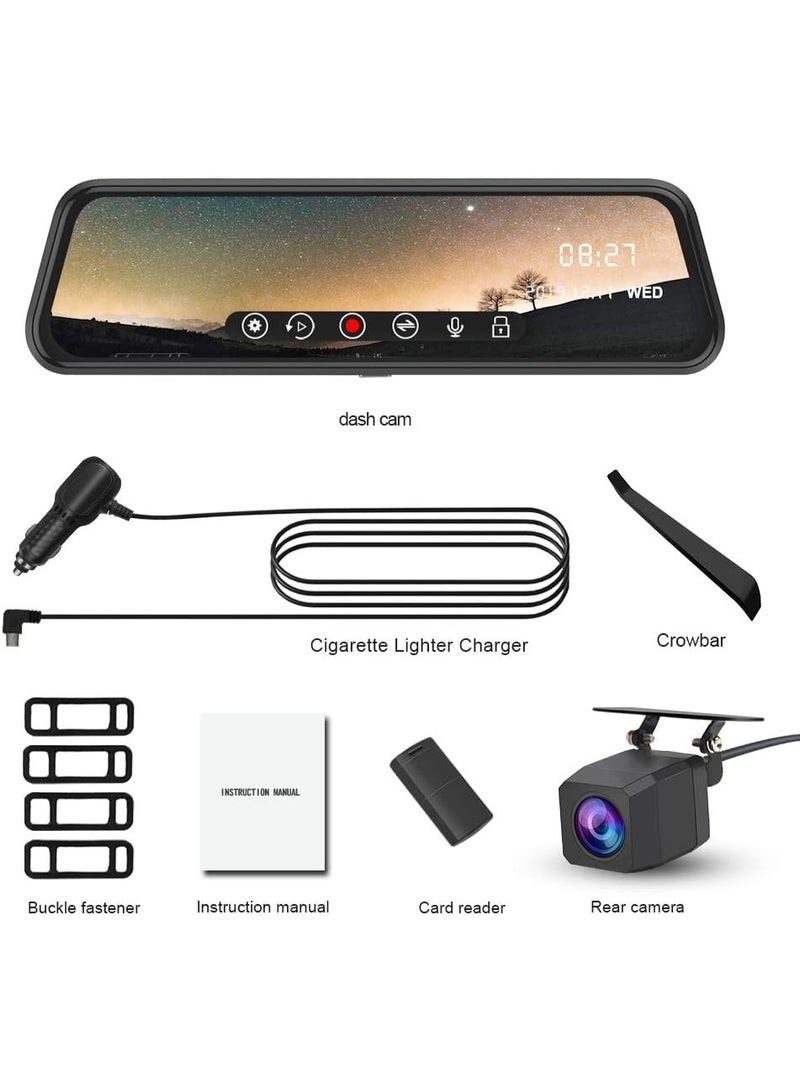 بلو فاير كاميرا مرآة الرؤية الخلفية بشاشة لمس ذكية مقاس 9.66 بوصة | كاميرات مزدوجة أمامية وخلفية بدقة 1080بيكسل مع الرؤية الليلية | مراقبة الانتظار لمدة 24 ساعة، مستشعار الصدمات، التسجيل الدائري وكاميرا الرؤية الخلفية المقاومة للماء مع خطوط المساعدة لأقصى درجات الأمان في القيادة - Image 2