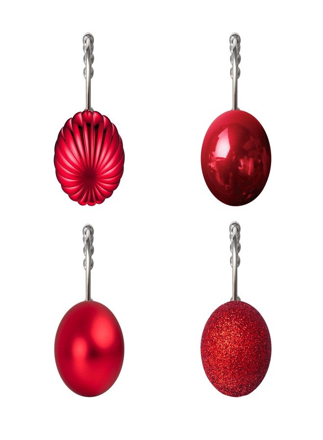 Sunlit Christmas Balls Decorative Shower Curtain Hooks, Shower Curtain Rings with Roller Balls, Xmas Theme Winter Holiday Bathroom Decoration, Set of 12, Red - Image 1