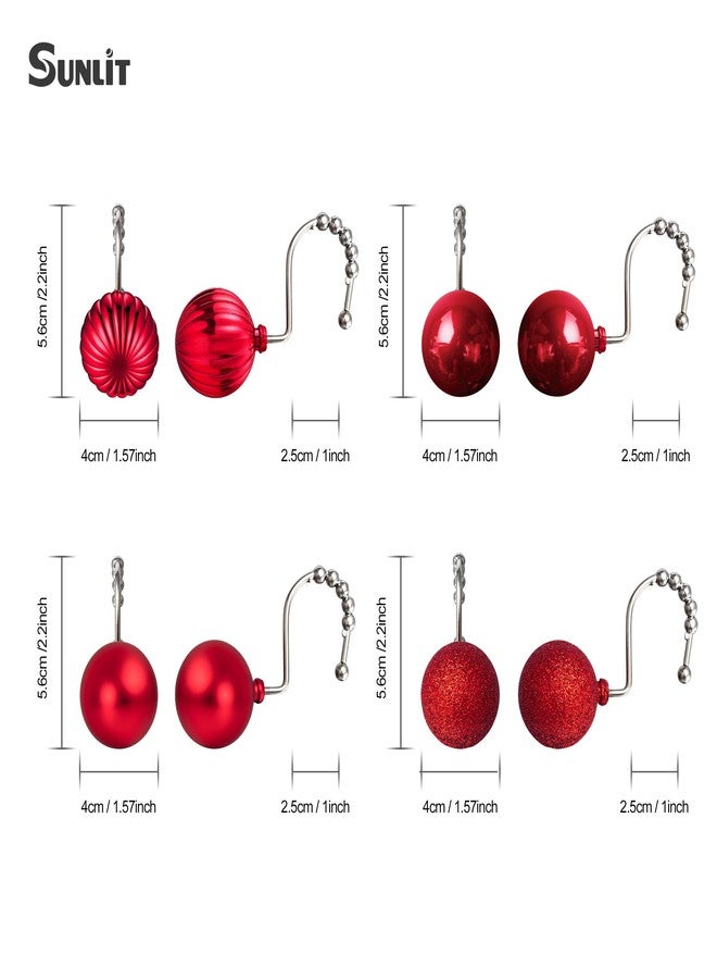 Sunlit Christmas Balls Decorative Shower Curtain Hooks, Shower Curtain Rings with Roller Balls, Xmas Theme Winter Holiday Bathroom Decoration, Set of 12, Red - Image 2