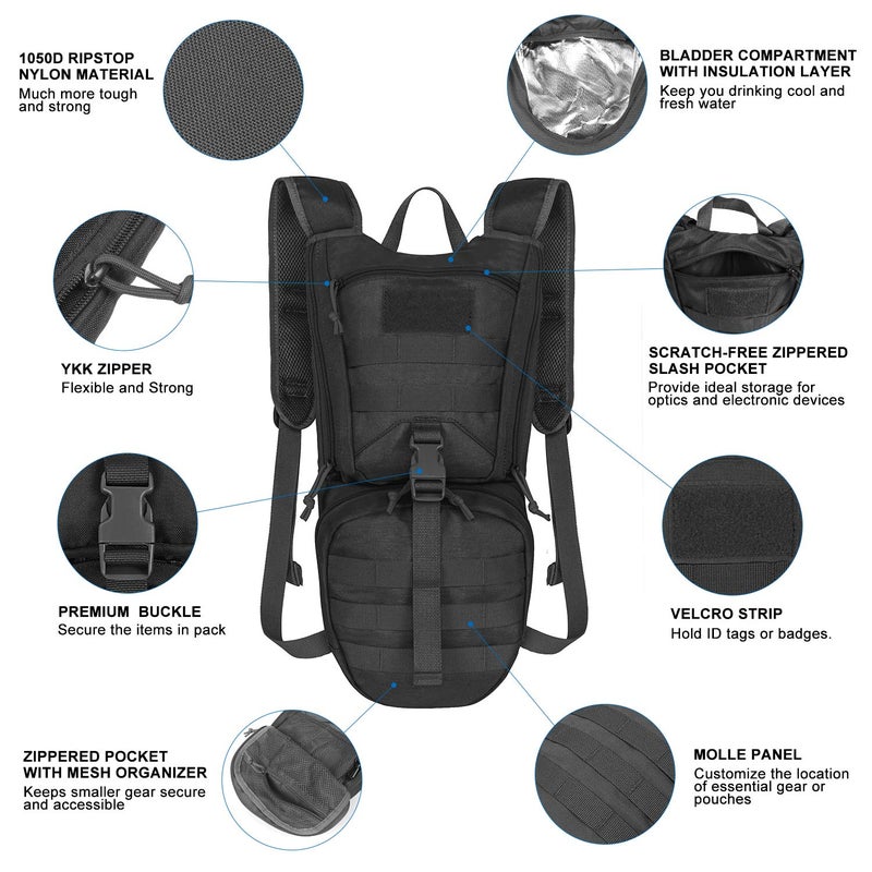 Unigear Tactical Hydration Packs Backpack 1050D with 2.5L Water Bladder, Thermal Insulation Pack Keeps Liquid Cool up to 4 Hours for Hiking, Cycling, Hunting and Climbing (Black) - Image 2