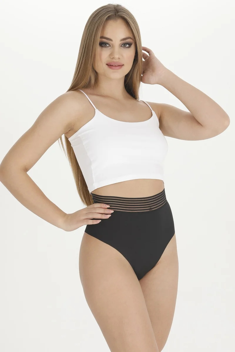 Sensu Women's High Waist Laser Cut Panties Waist Lace Thong 3-Pack Set - KTS2027 BLACK