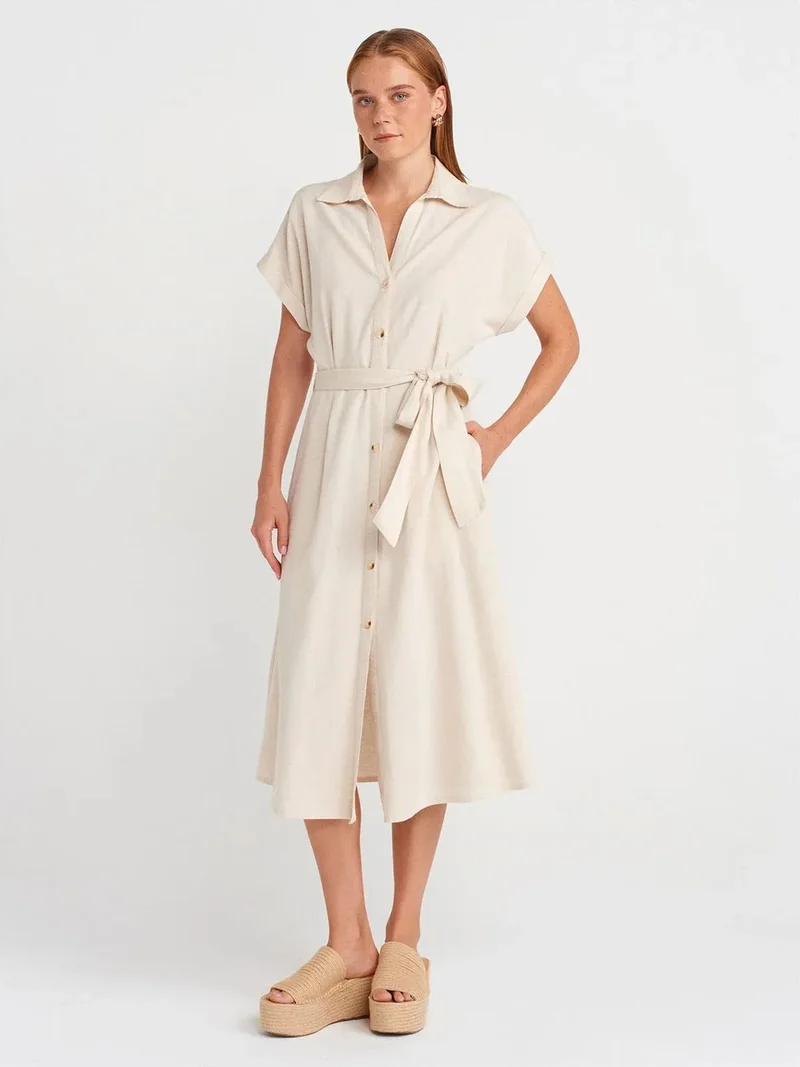 ديلفين DILVIN Belted Midi Shirt Dress