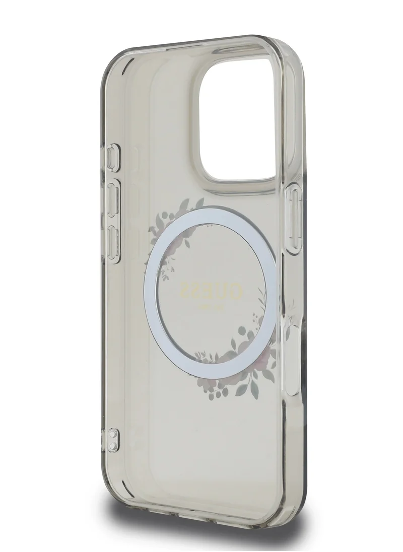 GUESS iPhone 16 Pro Magsafe Case IML Hard Cover with Flower Wreath Design / Drop protection / Lightweight back Cover / Comfortable Grip  - Black
