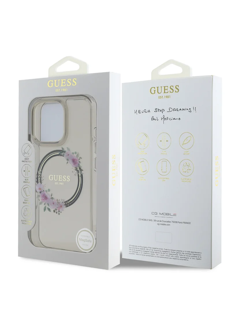 GUESS iPhone 16 Pro Magsafe Case IML Hard Cover with Flower Wreath Design / Drop protection / Lightweight back Cover / Comfortable Grip  - Black