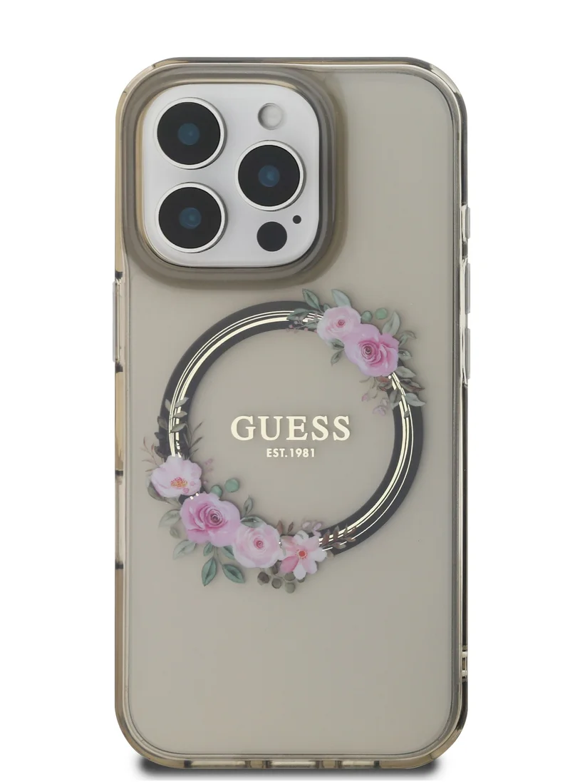 GUESS iPhone 16 Pro Magsafe Case IML Hard Cover with Flower Wreath Design / Drop protection / Lightweight back Cover / Comfortable Grip  - Black