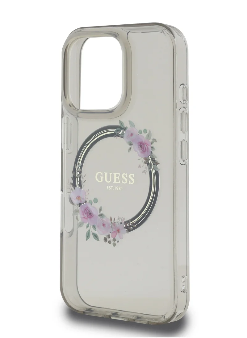 GUESS iPhone 16 Pro Magsafe Case IML Hard Cover with Flower Wreath Design / Drop protection / Lightweight back Cover / Comfortable Grip  - Black