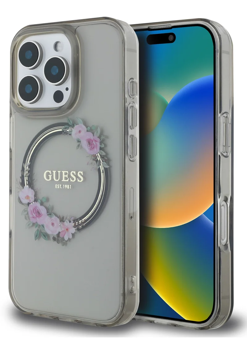 GUESS iPhone 16 Pro Magsafe Case IML Hard Cover with Flower Wreath Design / Drop protection / Lightweight back Cover / Comfortable Grip  - Black