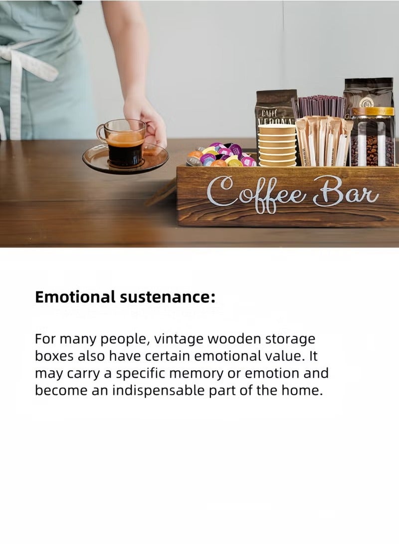 شو وو منظم محطة القهوة مع مقسمات صغيرة قابلة للإزالة، تخزين ملحقات بار القهوة الخشبية على سطح الطاولة، سلة حامل قرون القهوة الريفية مع مقبض لمحبي القهوة - Image 2