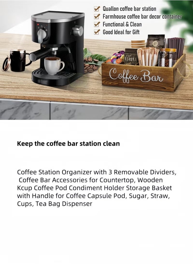 شو وو منظم محطة القهوة مع مقسمات صغيرة قابلة للإزالة، تخزين ملحقات بار القهوة الخشبية على سطح الطاولة، سلة حامل قرون القهوة الريفية مع مقبض لمحبي القهوة - Image 4