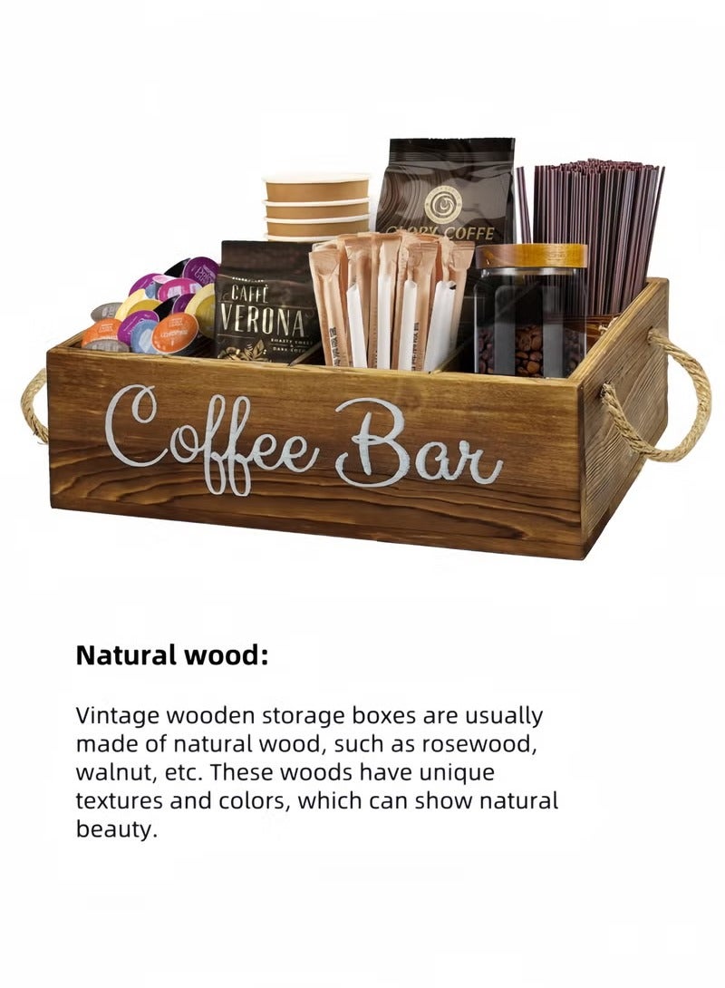 شو وو منظم محطة القهوة مع مقسمات صغيرة قابلة للإزالة، تخزين ملحقات بار القهوة الخشبية على سطح الطاولة، سلة حامل قرون القهوة الريفية مع مقبض لمحبي القهوة - Image 5