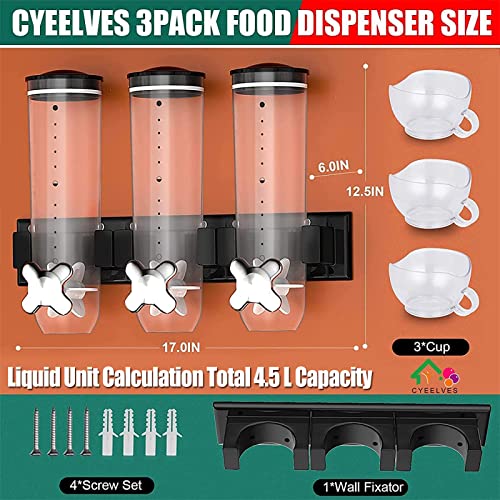 Cyeelves Triple Food Dispenser Wall Mounted Cereal Dispenser, Grains Dispenser Wall Mounted Dry Food Dispenser with 3 Cup, Candy Dispenser Snack Container for Kitchen Store Nut Coffee Beans 4.5L - Image 2