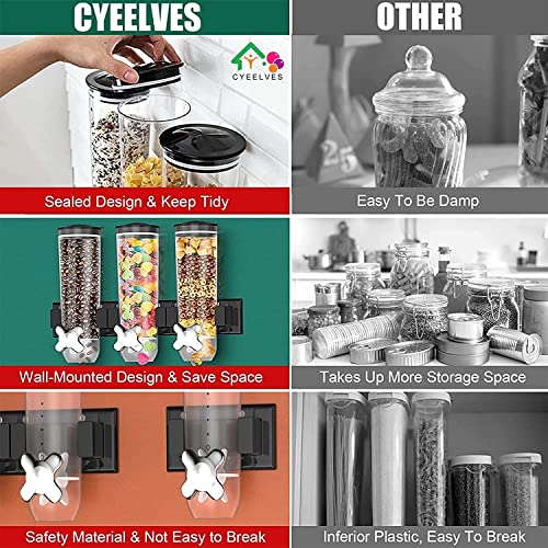 Cyeelves Triple Food Dispenser Wall Mounted Cereal Dispenser, Grains Dispenser Wall Mounted Dry Food Dispenser with 3 Cup, Candy Dispenser Snack Container for Kitchen Store Nut Coffee Beans 4.5L - Image 5