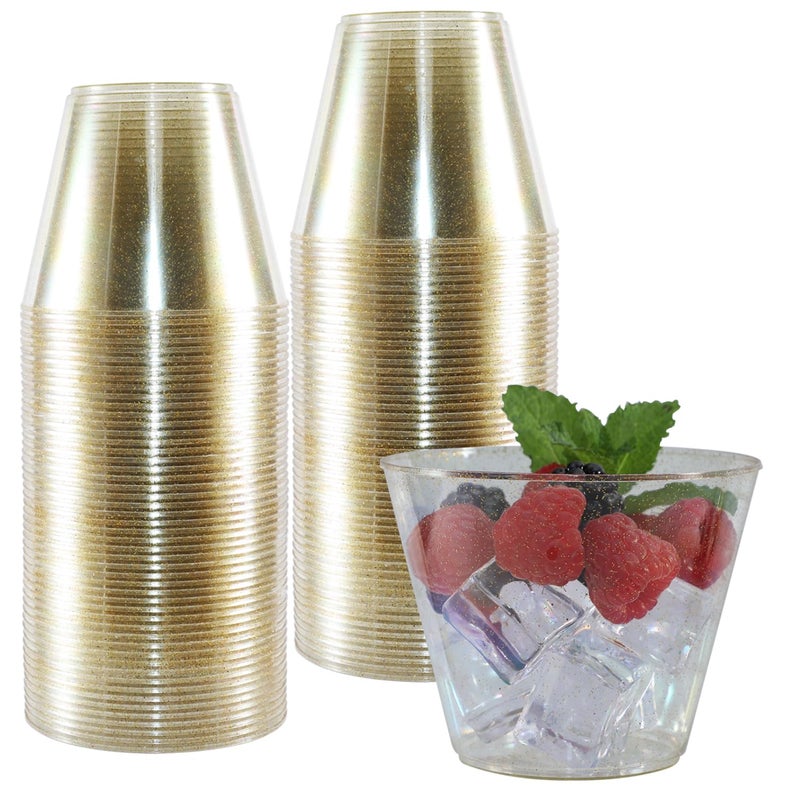 Homy Feel 9 Oz Gold Glitter Plastic Cups 100PCSDisposable Cocktail CupsPlastic WinePlastic CupsDrink Cups for Wedding Party