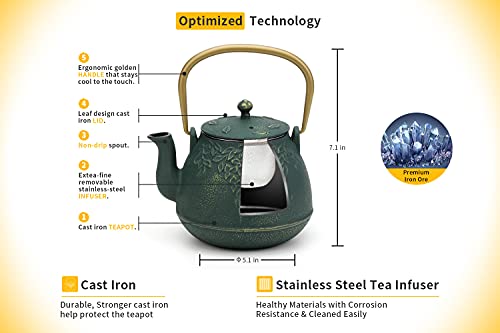 TOPTIER Japanese Cast Iron Tea Kettle with Infuser, Leaf Design Teapot Stovetop Safe Coated with Enameled Interior for 32 Ounce (950 ml), Dark Green - Image 3