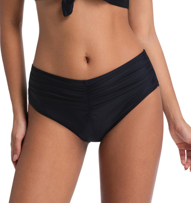 COCOPEAR Mid Rise Bathing Suit Bottoms for Women Ruched Tummy Control Swim Bottoms Full Coverage Bikini Bottoms for Women Black S - Image 2