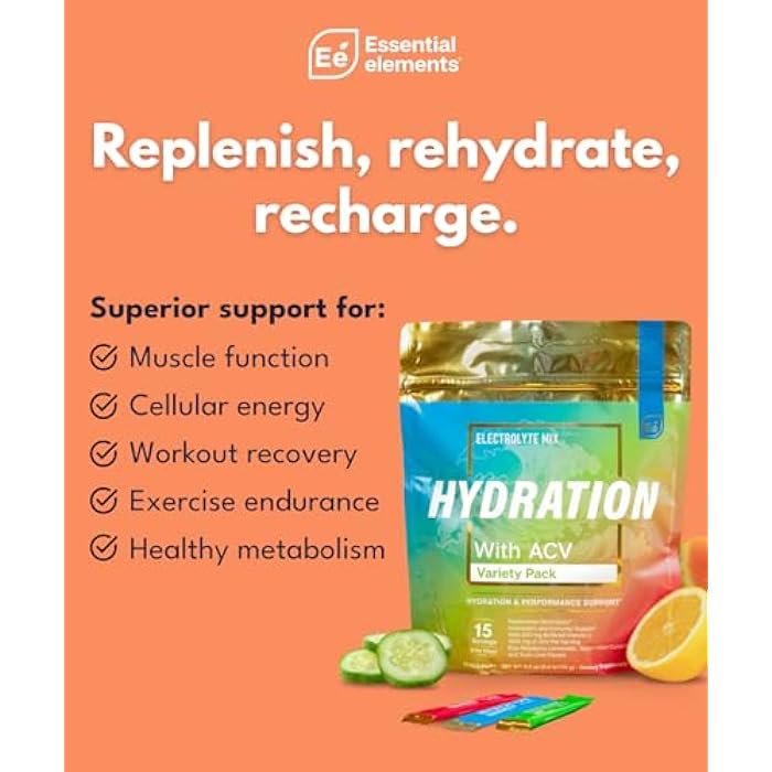 Essential Elements حزم ترطيب العناصر الأساسية - حزمة متنوعة - مسحوق إلكتروليتات خالي من السكر - 15 عبوة من مسحوق الإلكتروليتات بدون سكر - مشروب ترطيب - مع خل التفاح وفيتامين C - Image 3