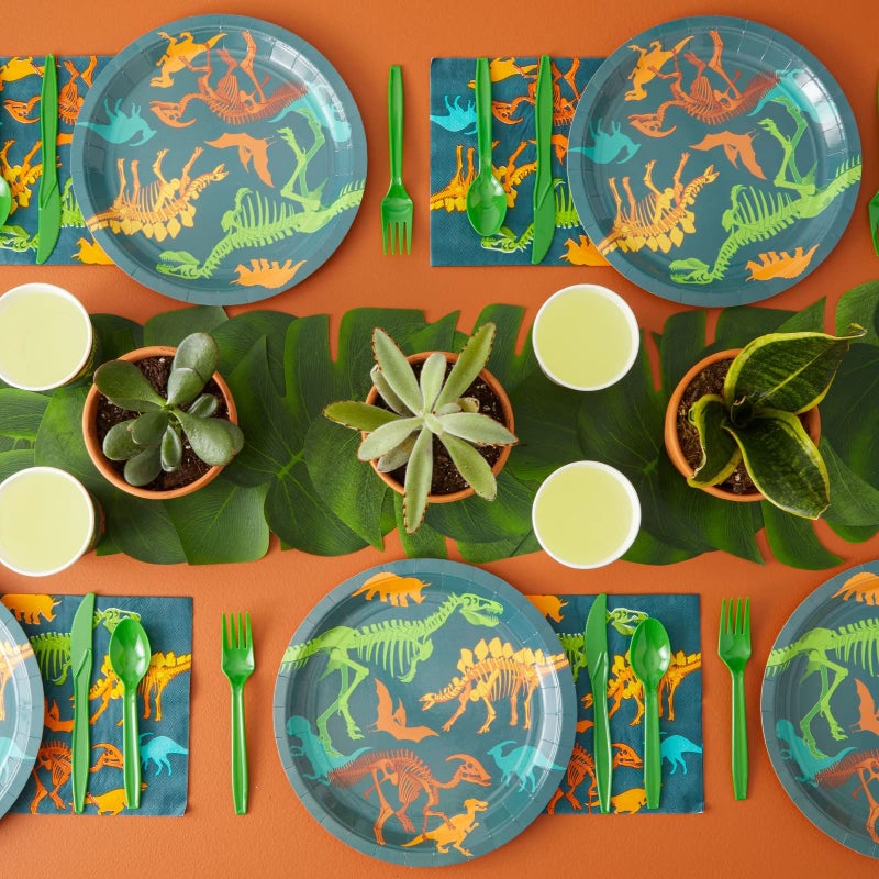 73Hours 144-Piece Dinosaur Birthday Party Decorations Set with Plates, Cups, Napkins  Cutlery - Serves 24 - Green  Blue Dino Fossil Paper Plates  Cups - Disposable  Easy Cleanup - Image 3