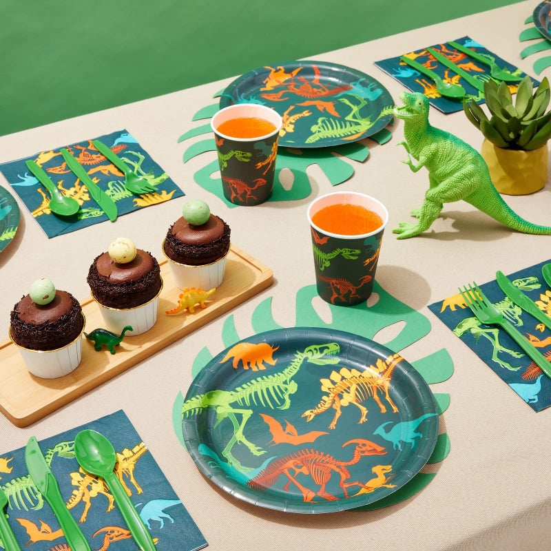 73Hours 144-Piece Dinosaur Birthday Party Decorations Set with Plates, Cups, Napkins  Cutlery - Serves 24 - Green  Blue Dino Fossil Paper Plates  Cups - Disposable  Easy Cleanup - Image 2