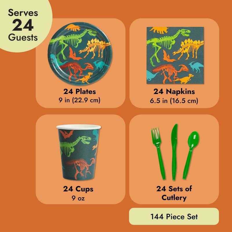 73Hours 144-Piece Dinosaur Birthday Party Decorations Set with Plates, Cups, Napkins  Cutlery - Serves 24 - Green  Blue Dino Fossil Paper Plates  Cups - Disposable  Easy Cleanup - Image 4